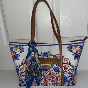 Brighton Bellina Piatto Multicolor Coated Canvas Shoulder Bag Tote with scarf.
